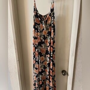Rip Curl Black Maxi Dress with Orange and Green Floral Design
